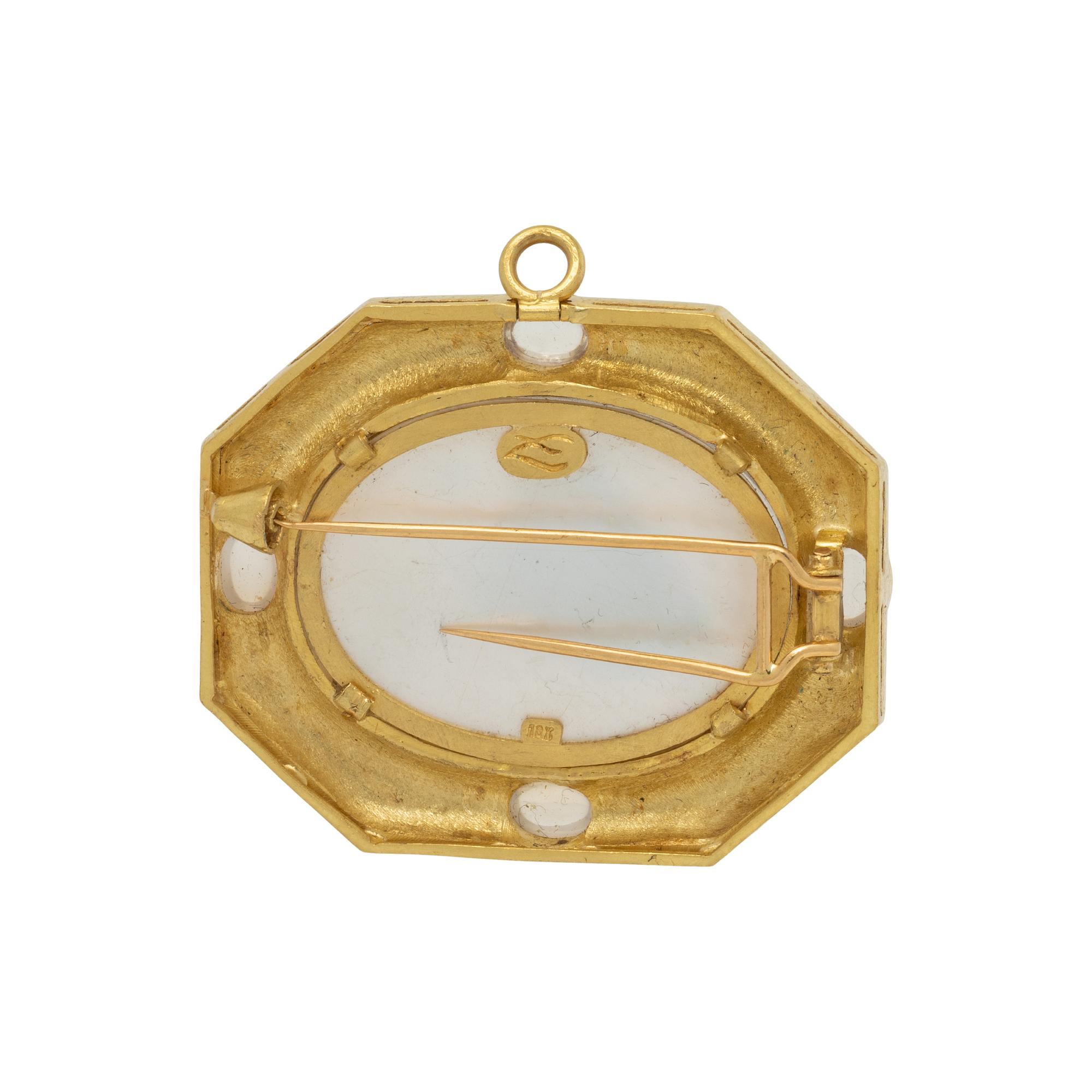 ELIZABETH LOCKE, MOTHER-OF-PEARL, ROCK CRYSTAL, MOONSTONE, AND YELLOW GOLD INTAGLIO PENDANT BROOCH