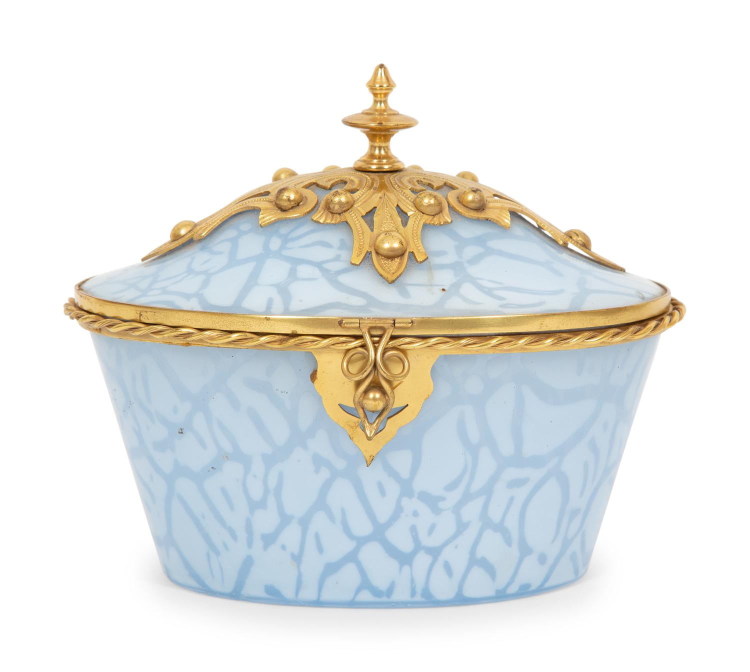A French Gilt Bronze Mounted Mottled Blue Glass Box