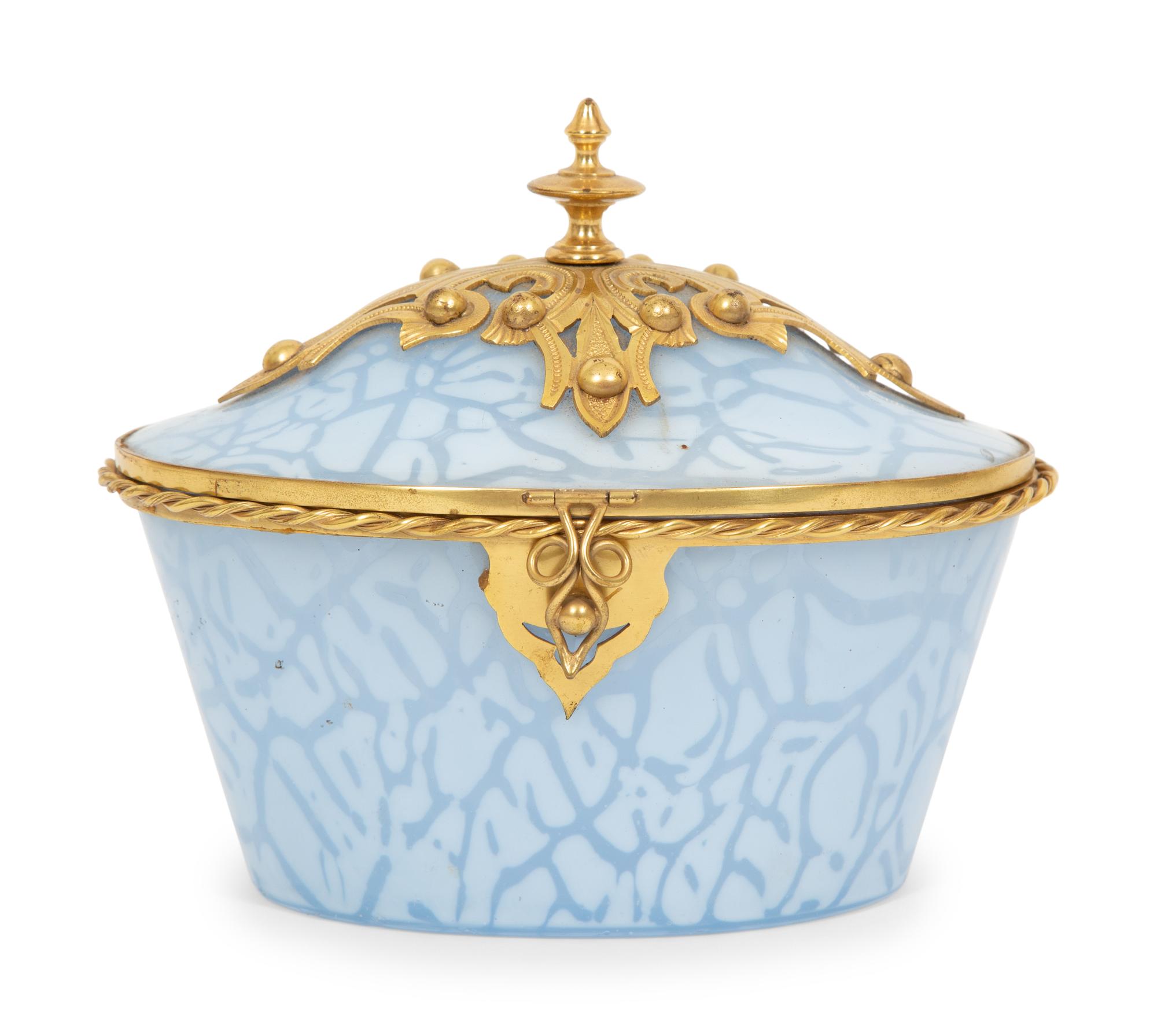 A French Gilt Bronze Mounted Mottled Blue Glass Box