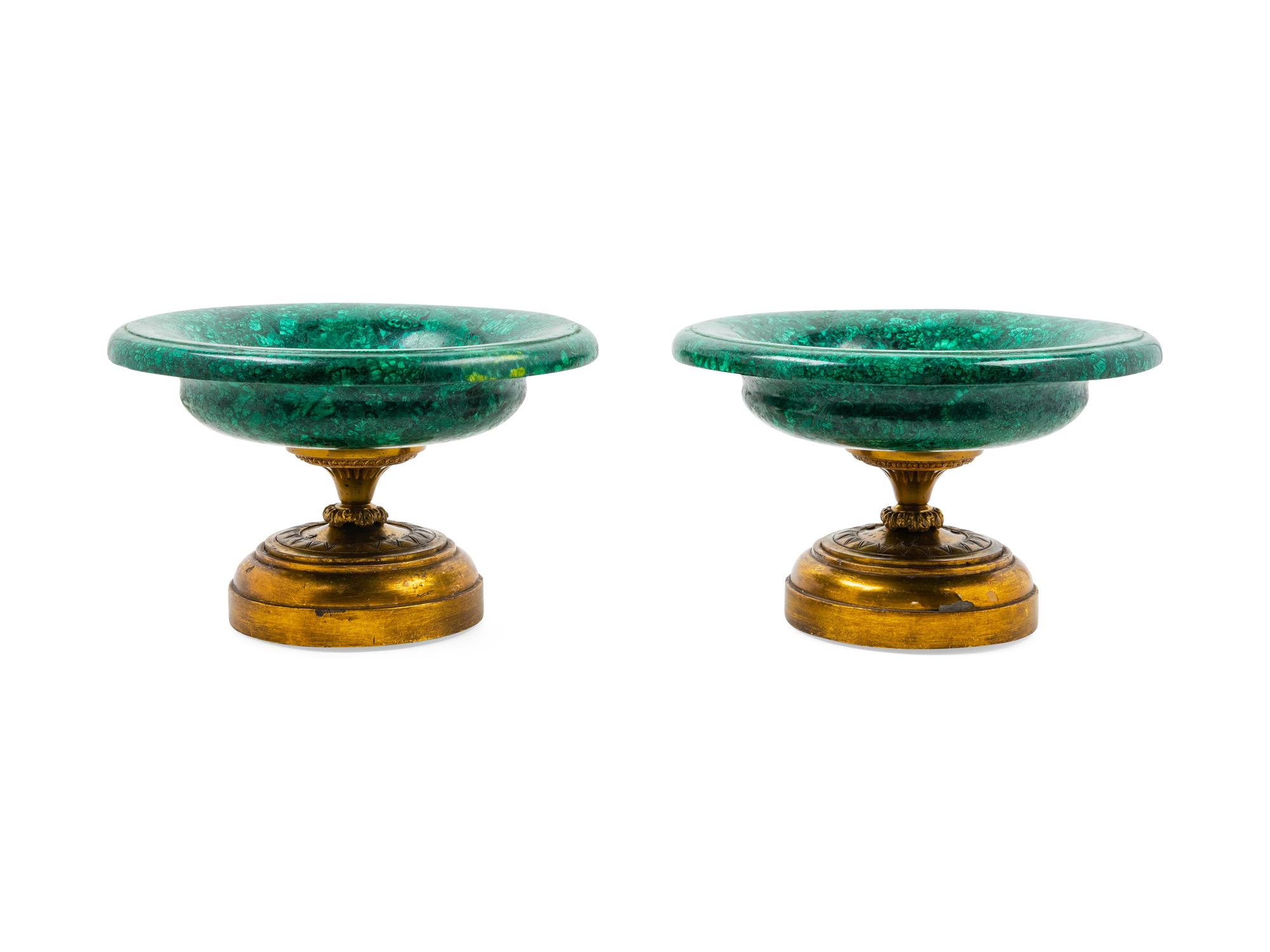 A Pair of Malachite-Veneered Tazze
