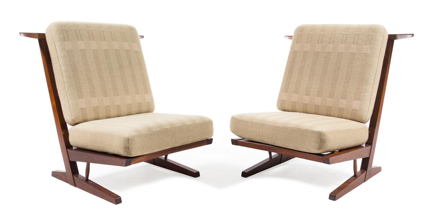 George Nakashima, (Japanese/American, 1905-1990), a pair of Conoid Cushion lounge chairs, 1984