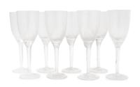 A Set of Eight Lalique Glass Wine Glasses Height 8 inches.