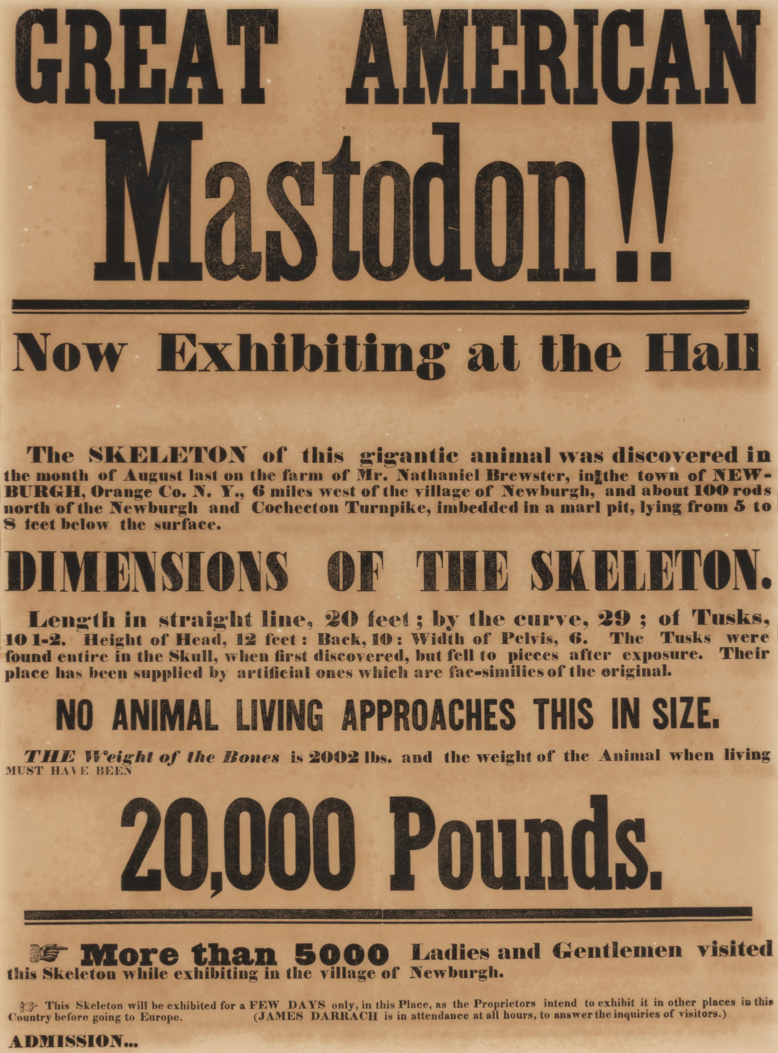 [Warren Mastodon]. Great American Mastodon!! Now Exhibiting at the Hall . Newburgh, NY: n.p., n.d. [ca 1846].