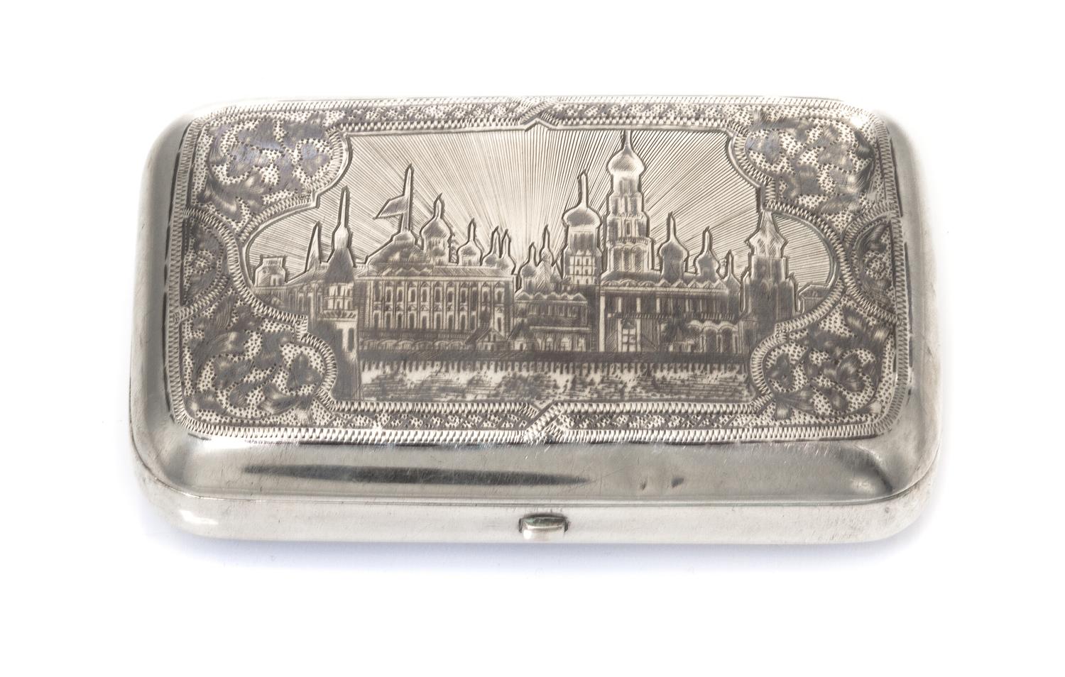 A Russian Niello Silver Cigarette Case, Maker's mark Cyrillic IA, assay mark of Vasily Petrov, Moscow, 1884, the lid decorated with an