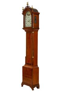 An American Mahogany Brass-Mounted, Inlaid and Carved Mahogany Tall Case Clock