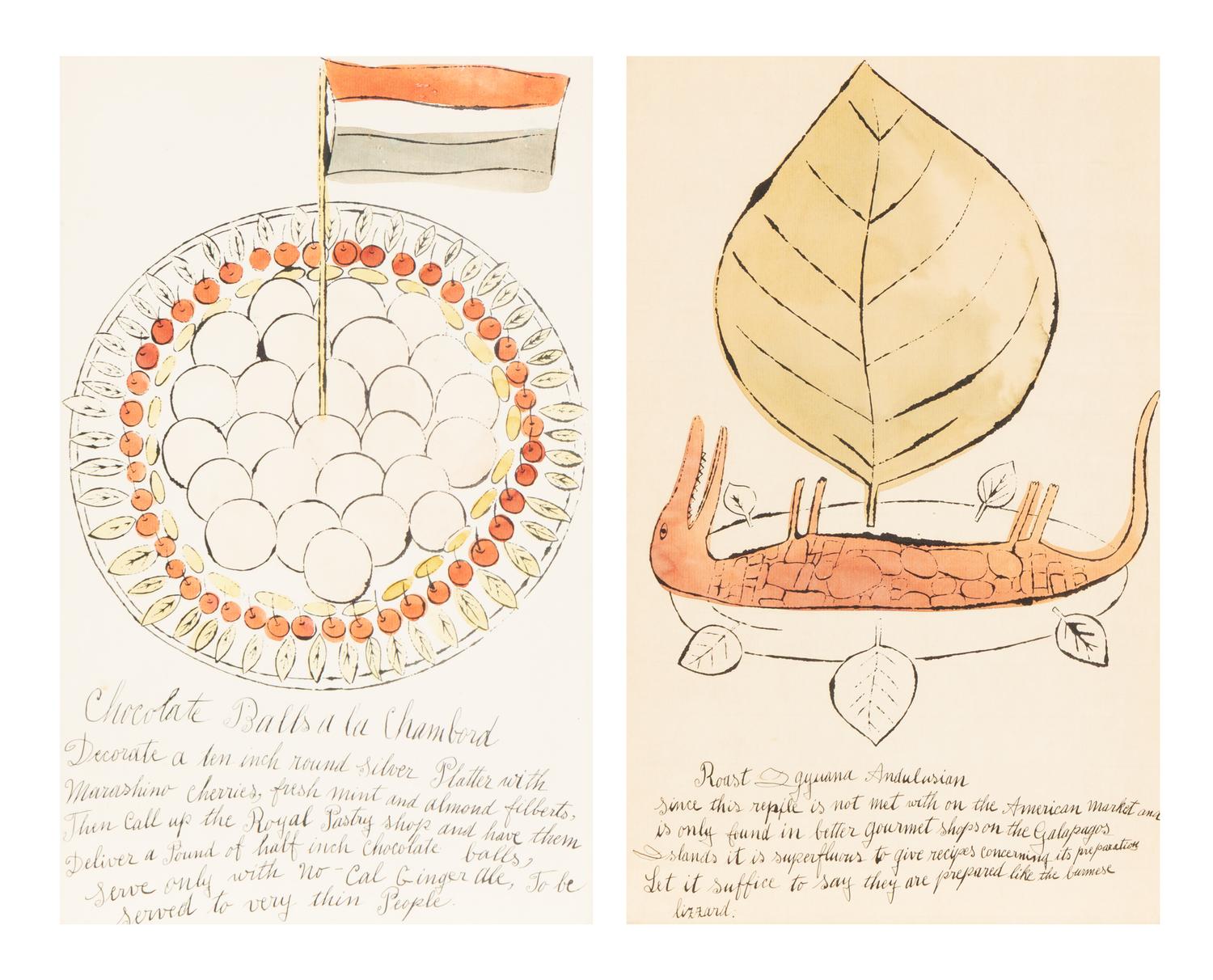 Andy Warhol (American, 1928-1987) — Roast Iguana and Chocolate Balls a la Chambord (two works from Wild Raspberries ), 1959