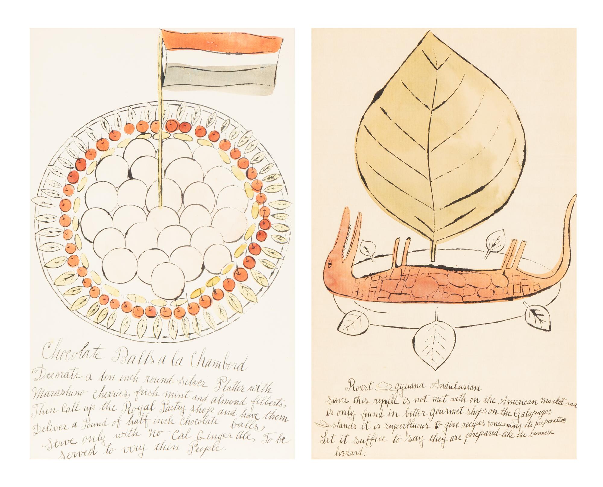 Andy Warhol (American, 1928-1987) — Roast Iguana and Chocolate Balls a la Chambord (two works from Wild Raspberries ), 1959