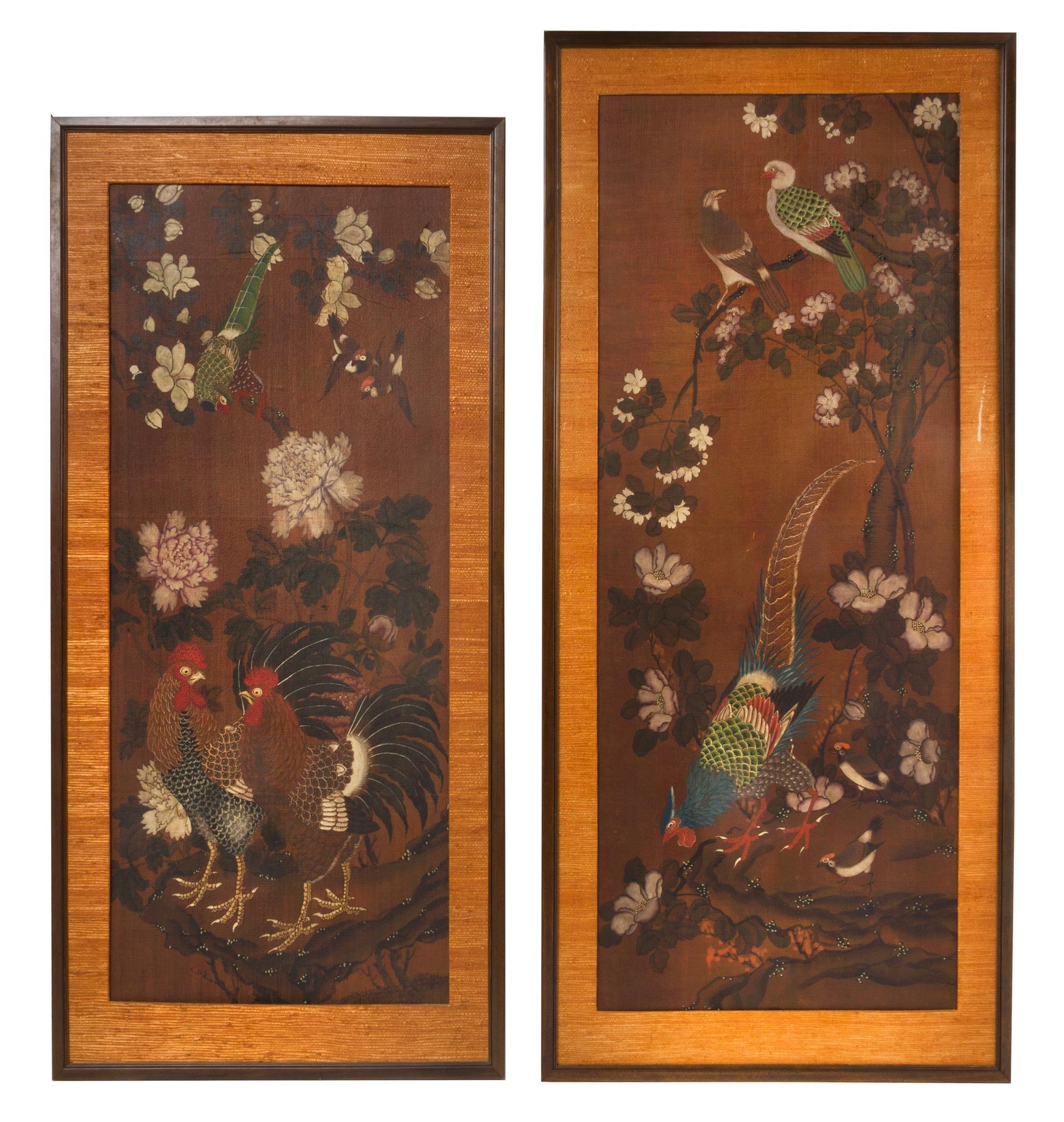Two Ink and Color Paintings on Silk Height of larger 50 1/4 x width 22 1/2 inches.