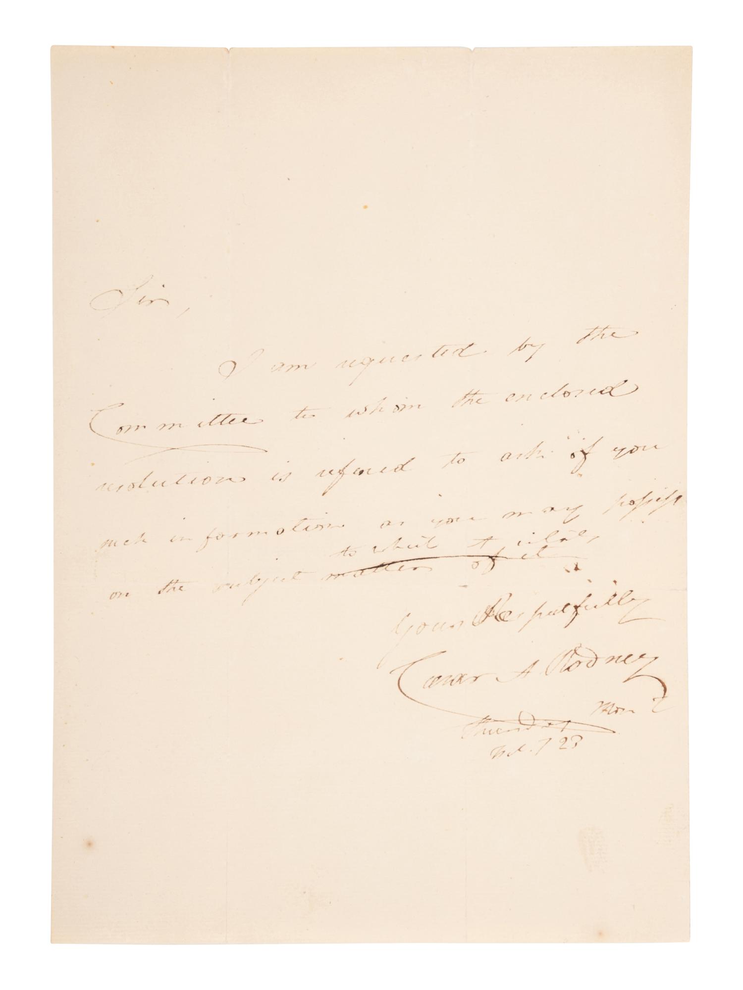 RODNEY, Caesar Augustus (1772-1824). Autograph letter signed (“Caesar A. Rodney”), as United States Minister to Argentina, to an unnamed recipient. [Washington D. C.], 7 February, 1823.
