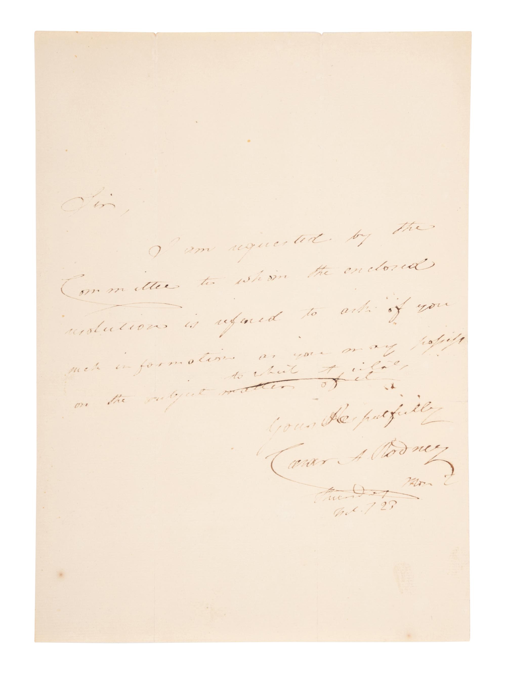 RODNEY, Caesar Augustus (1772-1824). Autograph letter signed (“Caesar A. Rodney”), as United States Minister to Argentina, to an unnamed recipient. [Washington D. C.], 7 February, 1823.