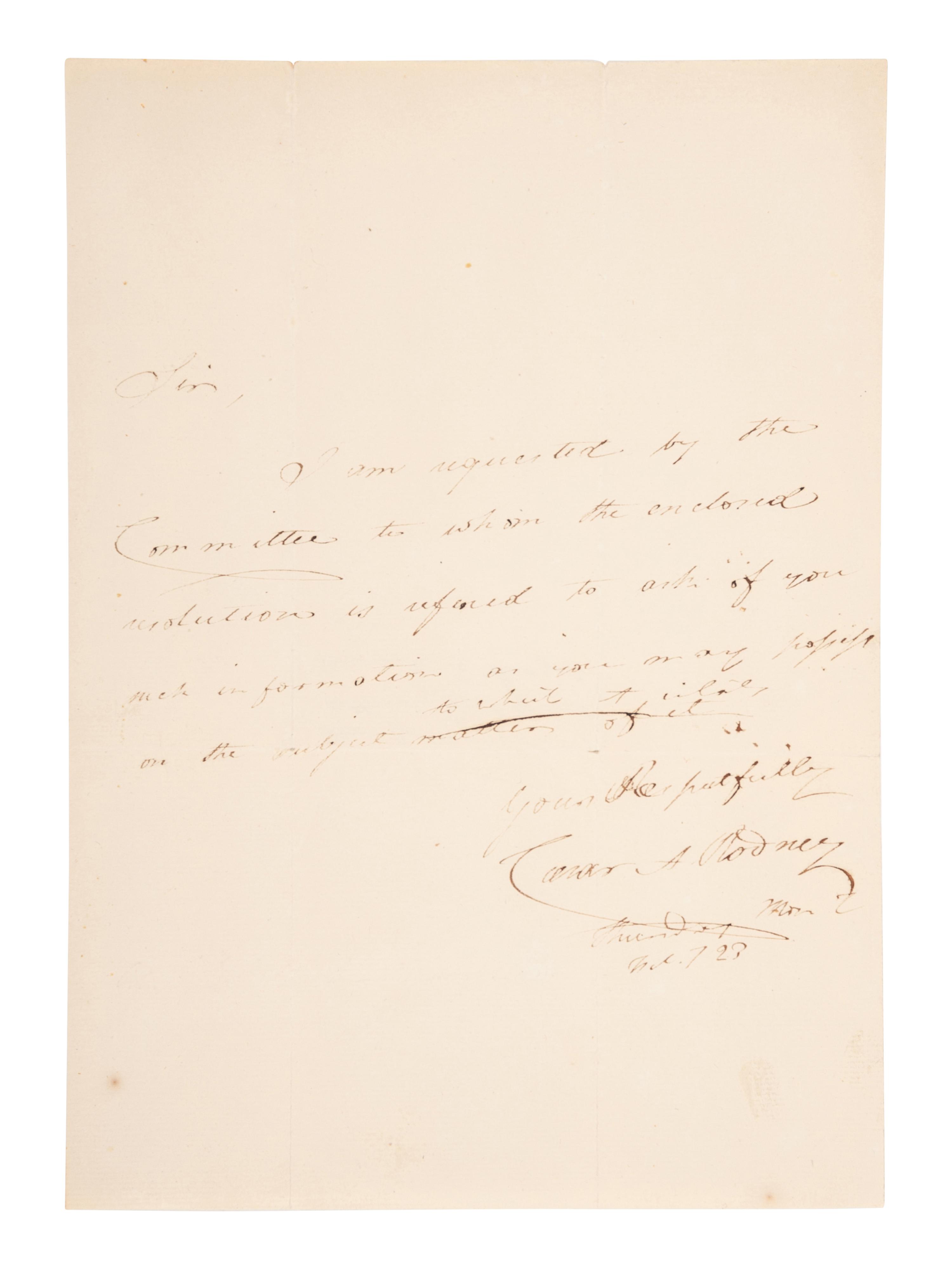RODNEY, Caesar Augustus (1772-1824). Autograph letter signed (“Caesar A. Rodney”), as United States Minister to Argentina, to an unnamed recipient. [Washington D. C.], 7 February, 1823.