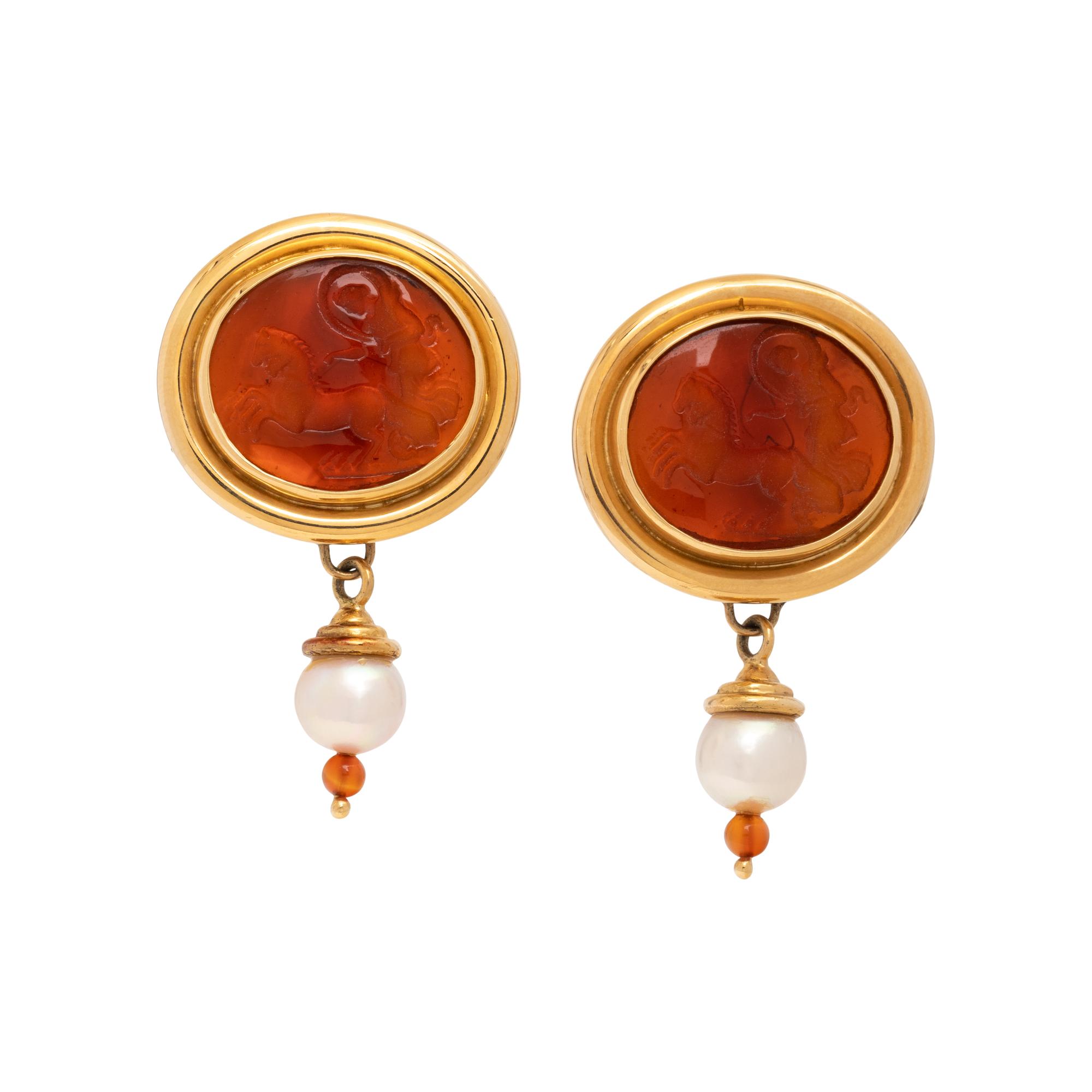 ELIZABETH LOCKE, INTAGLIO AND CULTURED PEARL CONVERTIBLE EARCLIPS
