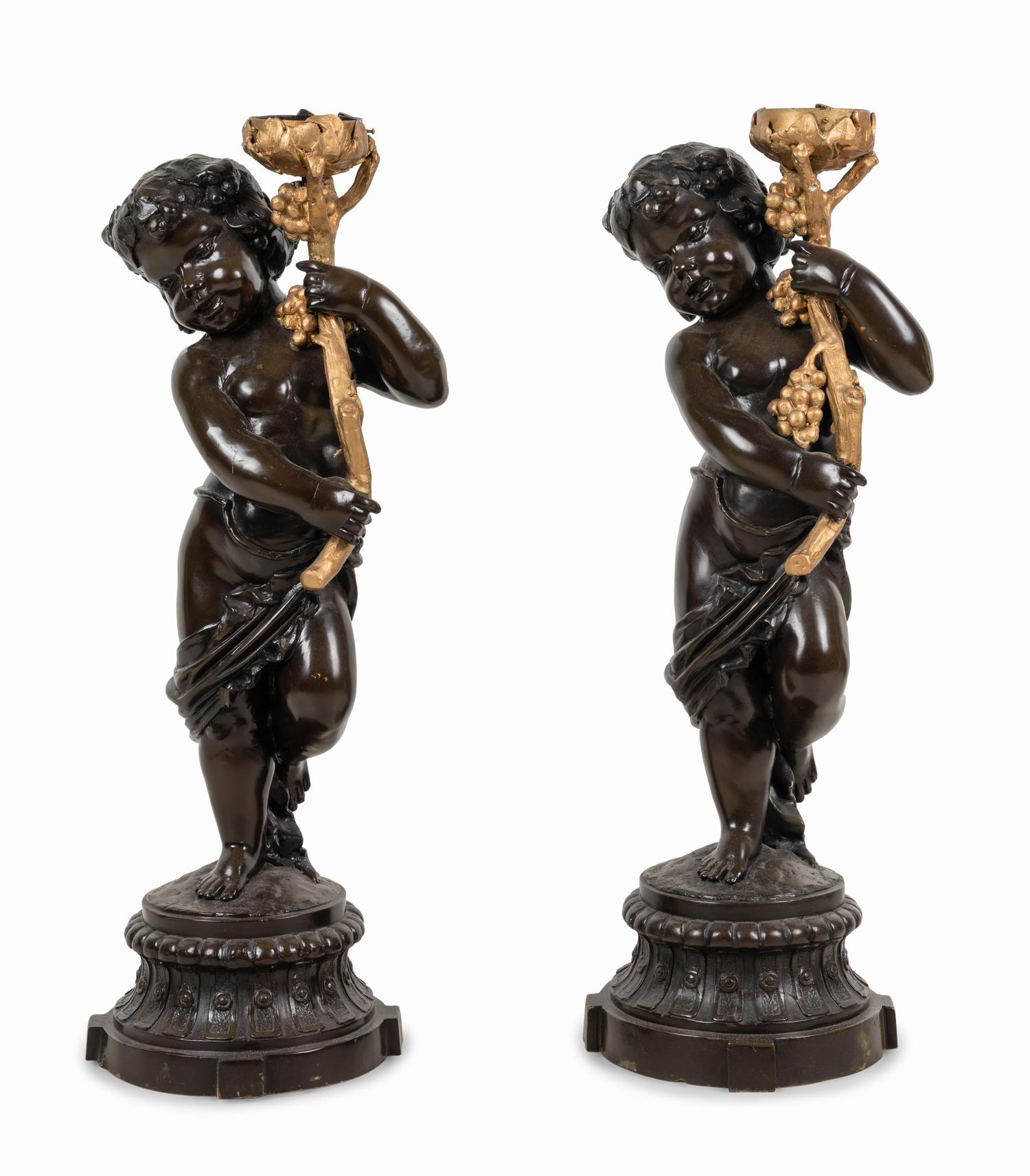 A Pair of Gilt and Patinated Metal Figural Torchères After Auguste Moreau