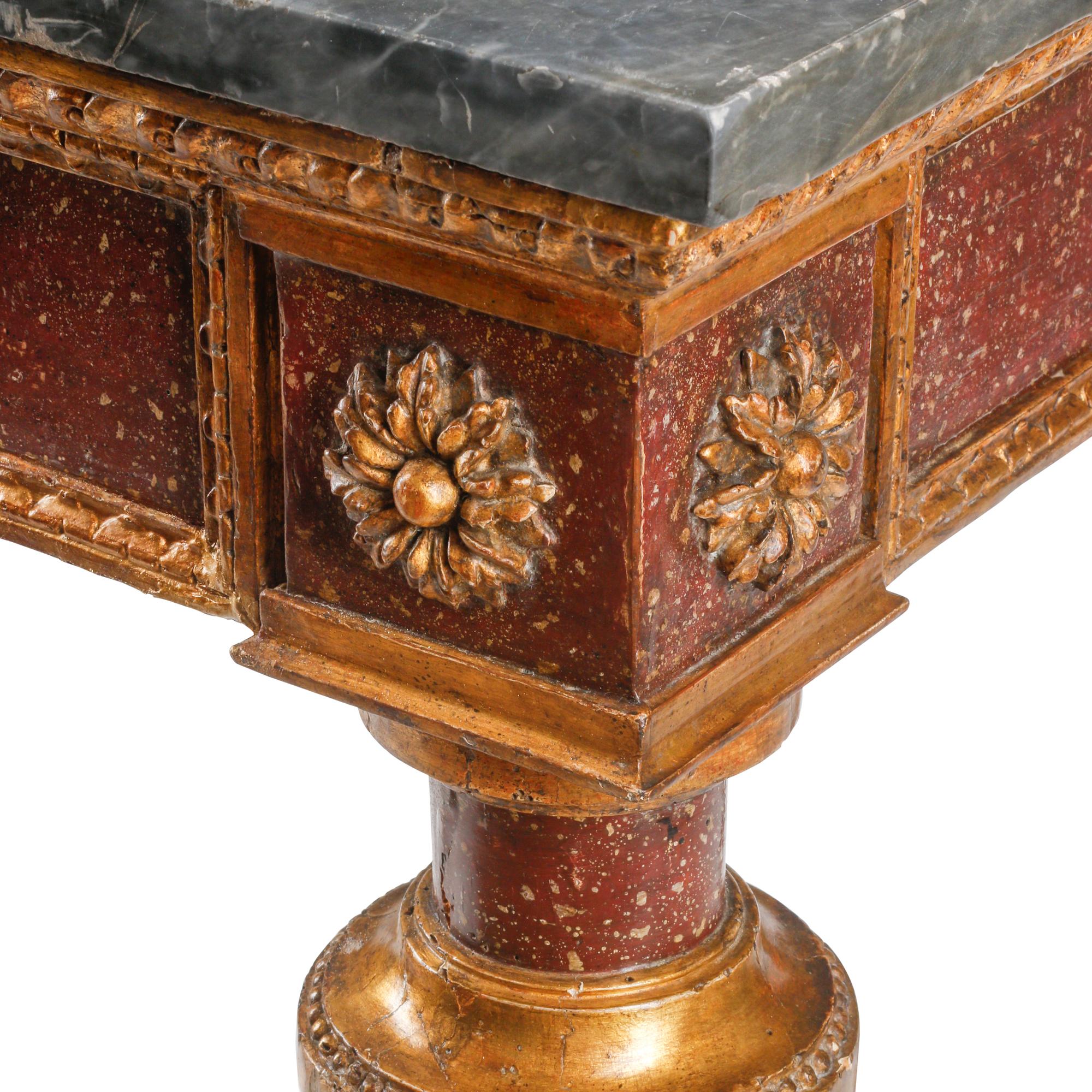An Italian Neoclassical Painted and Parcel Gilt Marble-Top Console Table