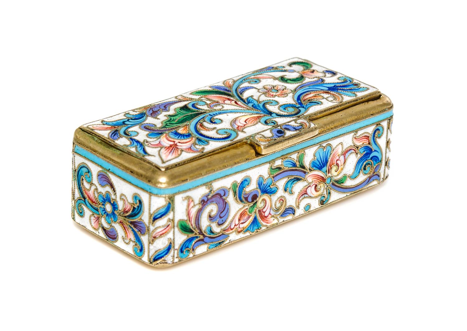 A Russian Enameled Silver Box, Moscow, 1896-1908, of rectangular form with floral decoration.