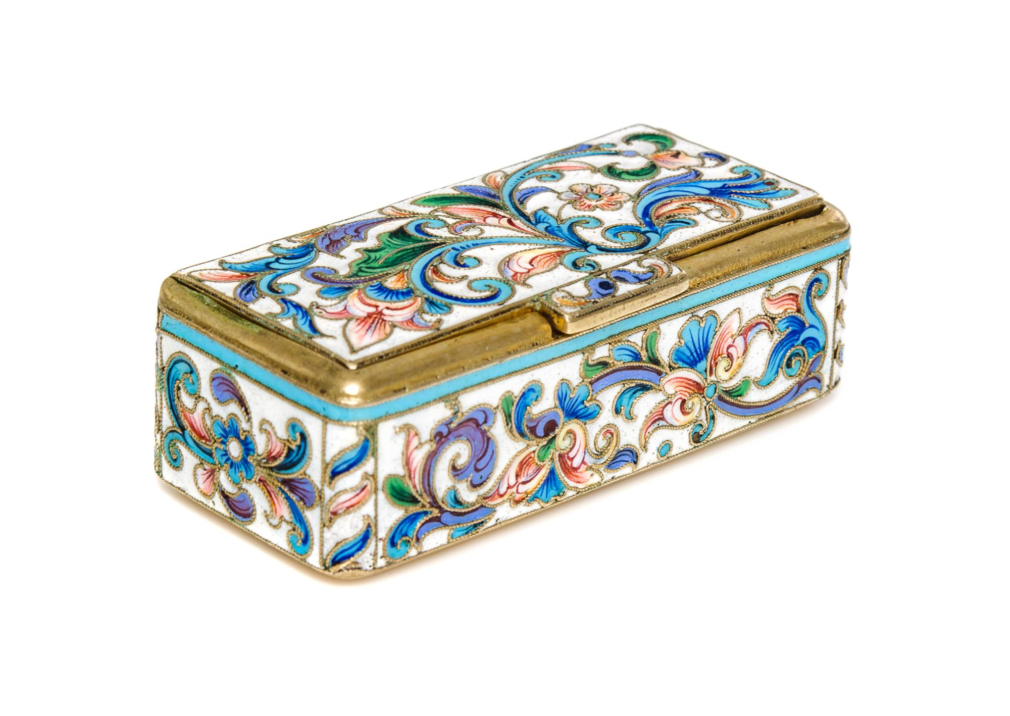 A Russian Enameled Silver Box, Moscow, 1896-1908, of rectangular form with floral decoration.