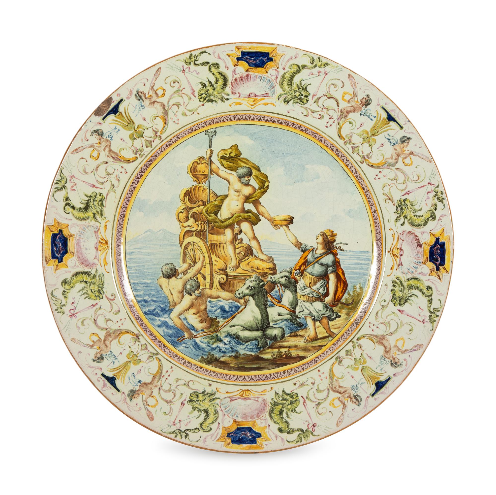 A Pair of Italian Renaissance Style Majolica Glazed Ceramic Chargers