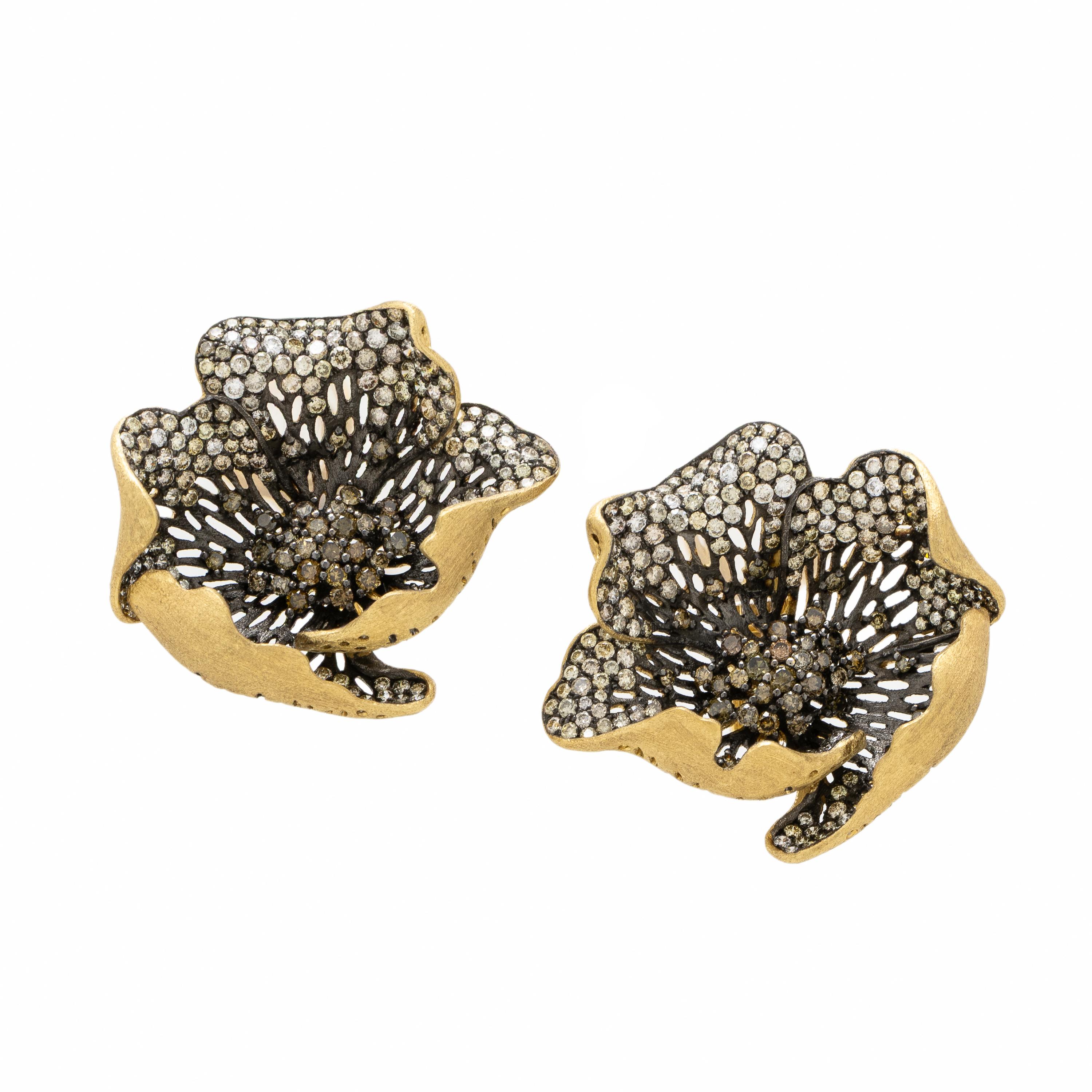 Siera, Colored Diamond and Yellow Gold Floral Earrings