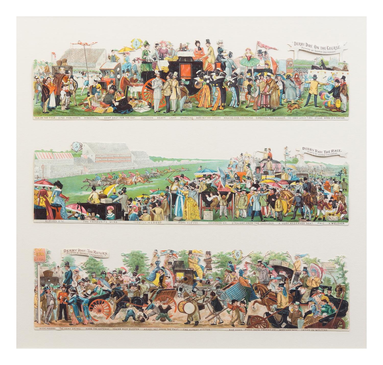 CRUIKSHANK, GEORGE. The Road to the Derby. 6 chromolithographs in two frames. Size of frame 19 x 19 3/4 inches, each.