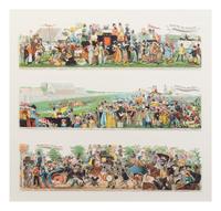 CRUIKSHANK, GEORGE. The Road to the Derby. 6 chromolithographs in two frames. Size of frame 19 x 19 3/4 inches, each.