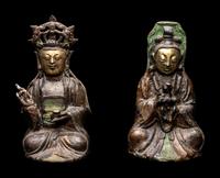 Two Chinese Parcel Gilt Bronze Figures of Guanyin