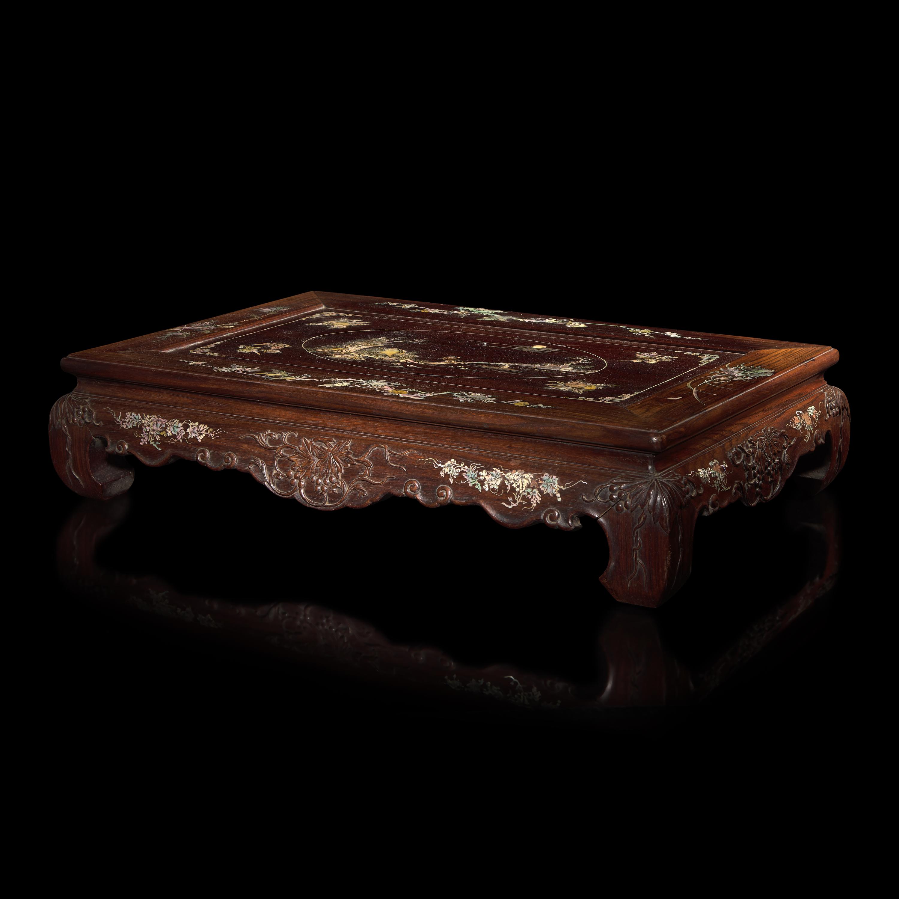 A Finely-Carved and Inlaid Hardwood Small Low Table, First Half of 20th Century — 民國 硬木嵌螺鈿方座