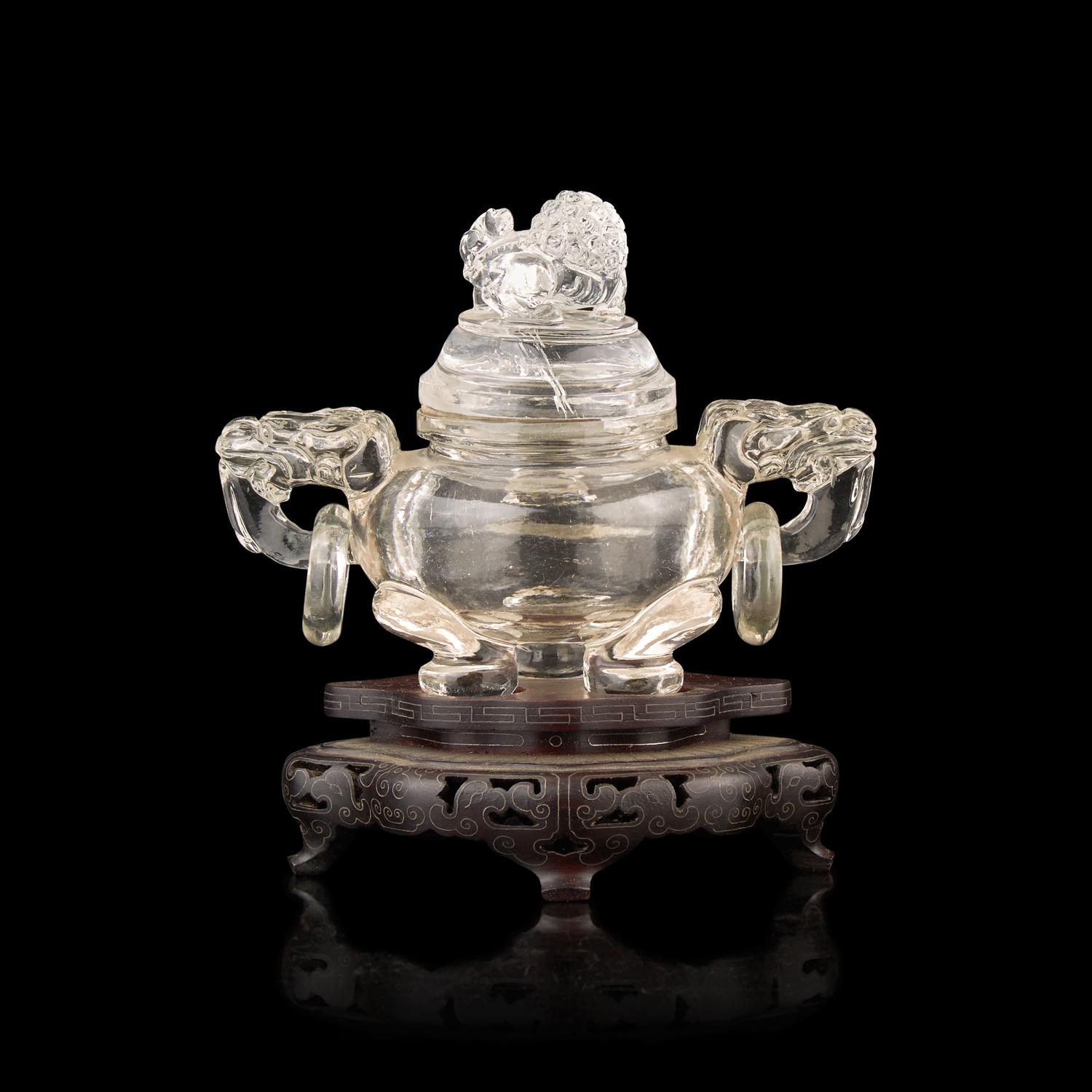 A Small Chinese Rock Crystal Tripod Censer and Cover, 20th Century 近代 雕水晶獅鈕雙活環三足蓋爐