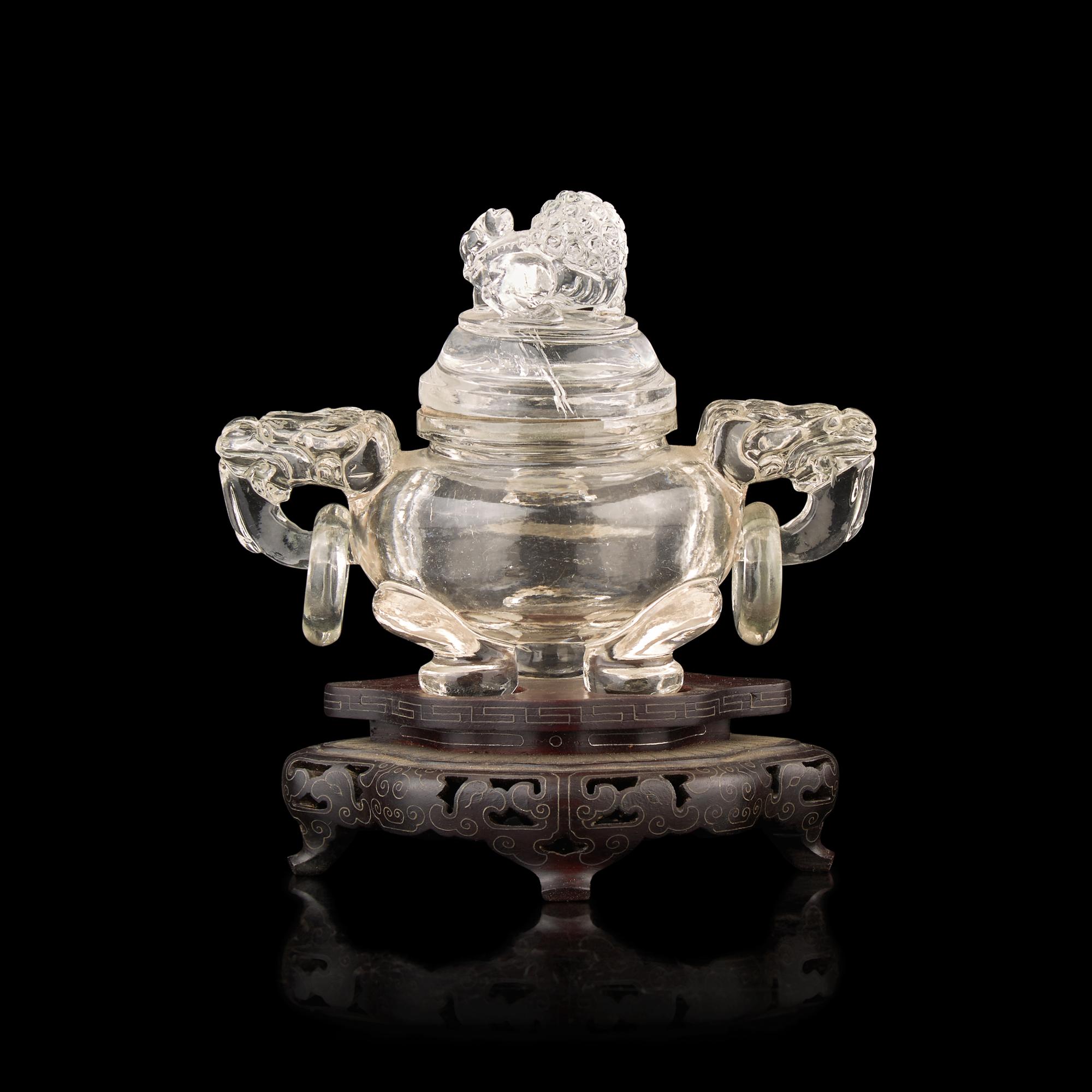 A Small Chinese Rock Crystal Tripod Censer and Cover, 20th Century 近代 雕水晶獅鈕雙活環三足蓋爐