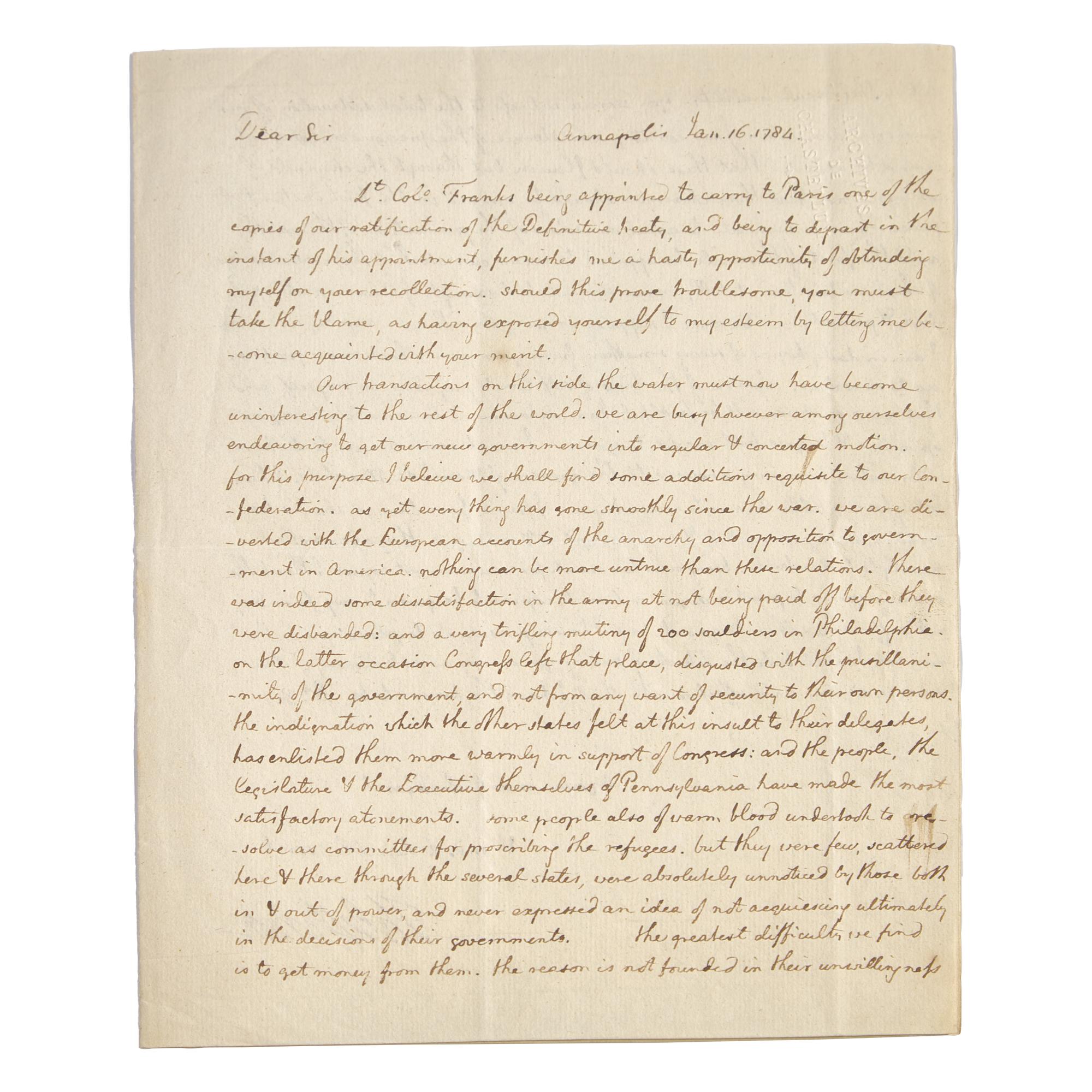 [American Revolution] Jefferson, Thomas. Thomas Jefferson at the Birth of a New Nation: An Important Letter Carried by a Jewish Patriot Communicating the Definitive Treaty of Paris, Projecting American Stability, and Preparations for the Publication of His “Notes on the State of Virginia”