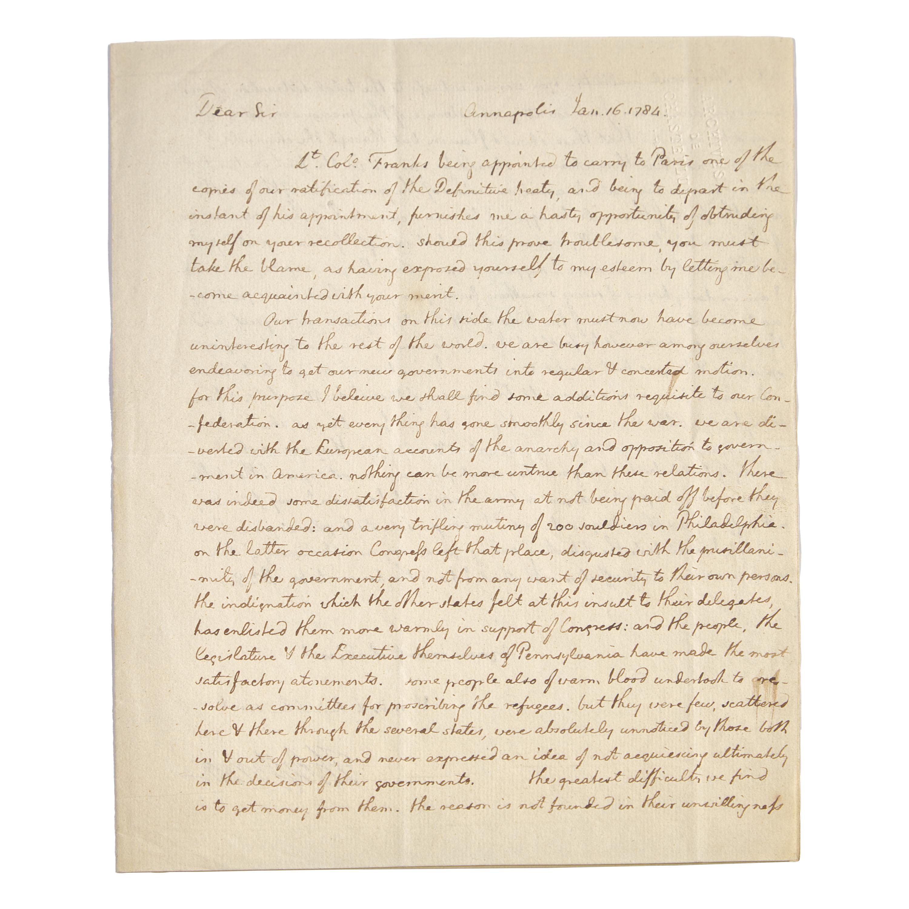 [American Revolution] Thomas Jefferson at the Birth of a New Nation: An Important Letter Carried by a Jewish Patriot Communicating the Definitive Treaty of Paris, Projecting American Stability, and Preparations for the Publication of His “Notes on the State of Virginia”, January 16, 1784