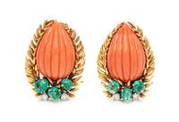 A Pair of 18 Karat Yellow Gold, Coral, Emerald and Diamond Earclips, David Webb, 16.70 dwts.