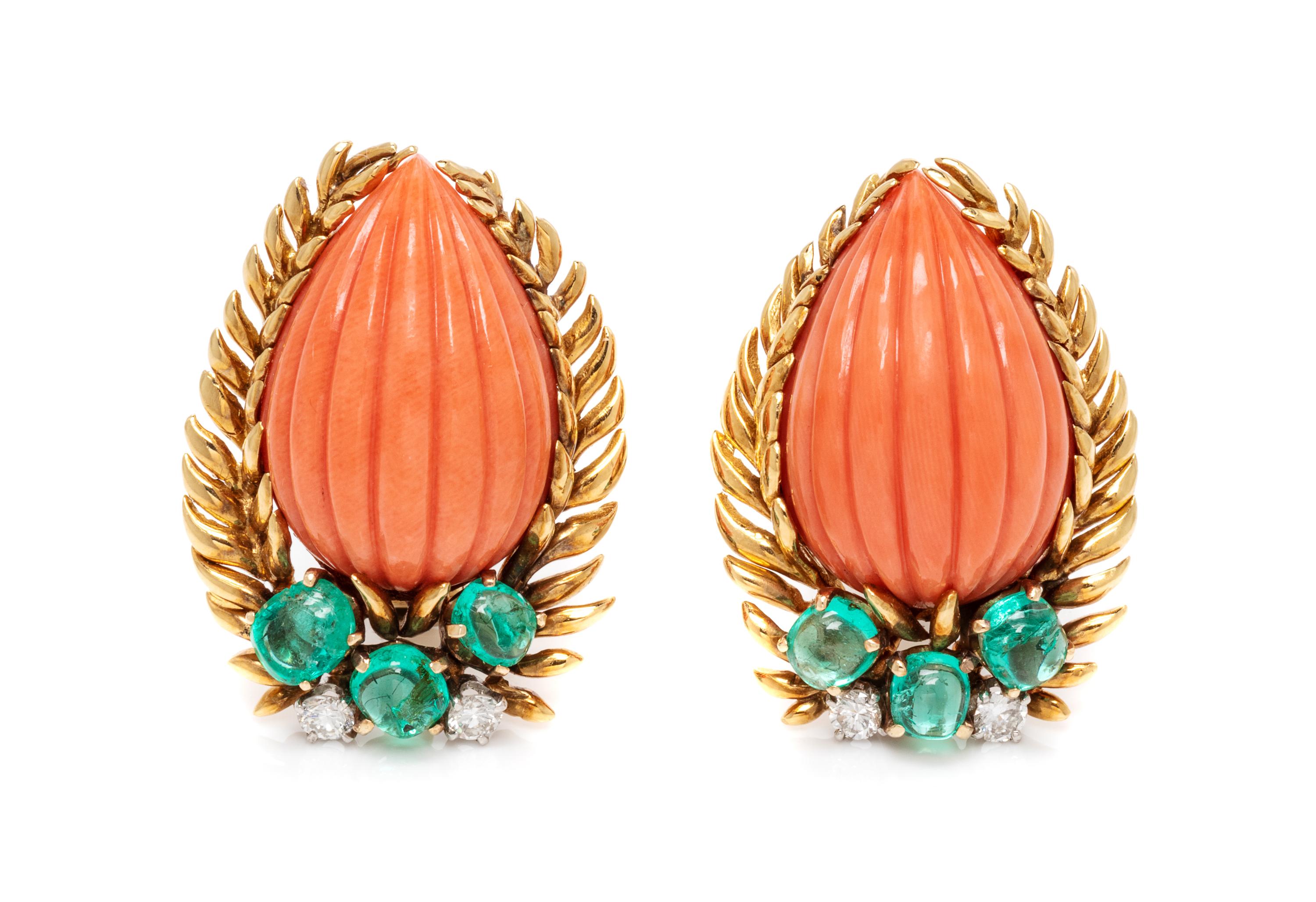 A Pair of 18 Karat Yellow Gold, Coral, Emerald and Diamond Earclips, David Webb, 16.70 dwts.