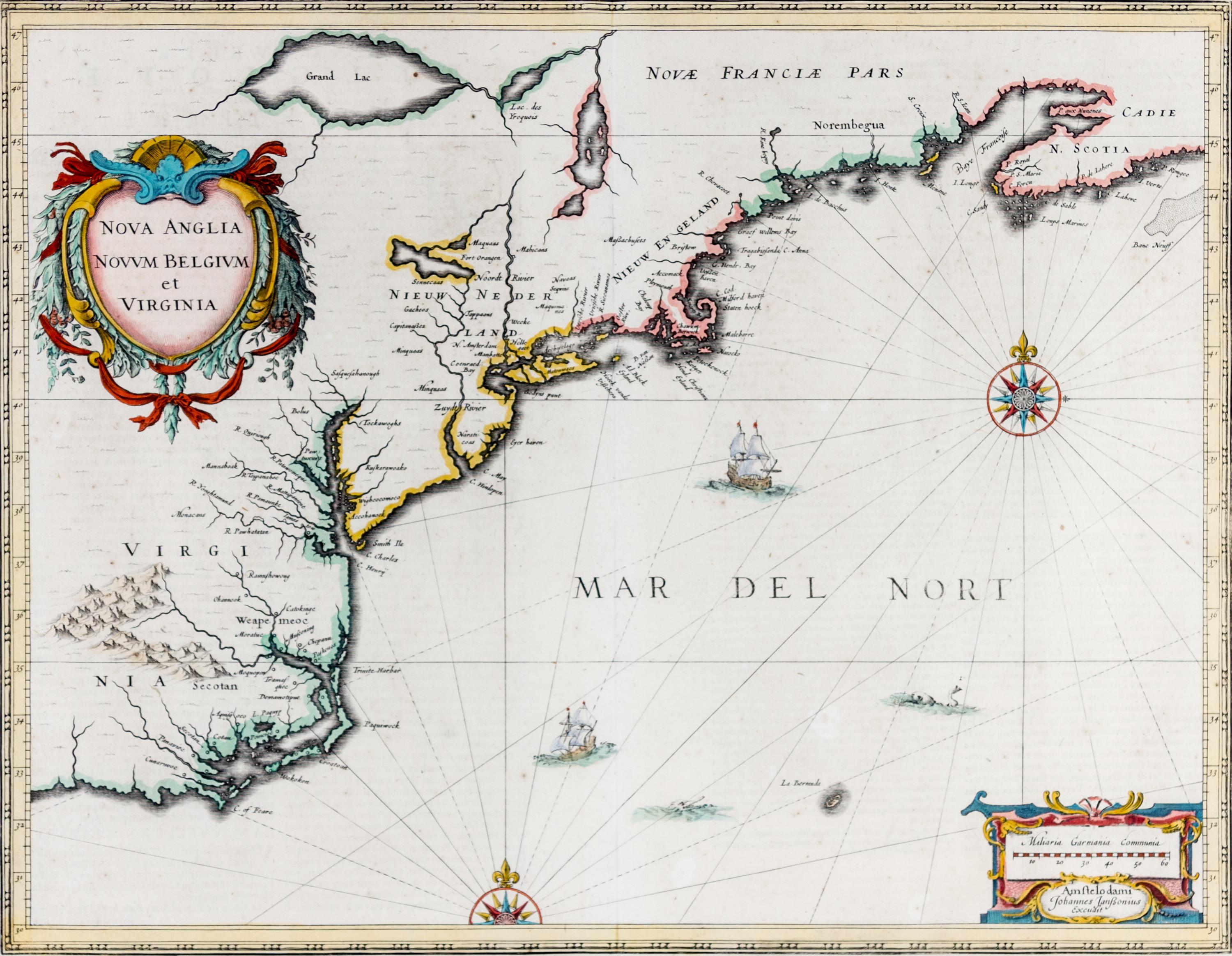 (MAP) JANSSONIUS, JOHANNES (after Johannes de Laet). Nova Anglia Novum Belgium et Virginia. Amsterdam, 1636. First state.