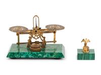 A Gilt Bronze and Malachite Balance Scale and a Similar Paperweight