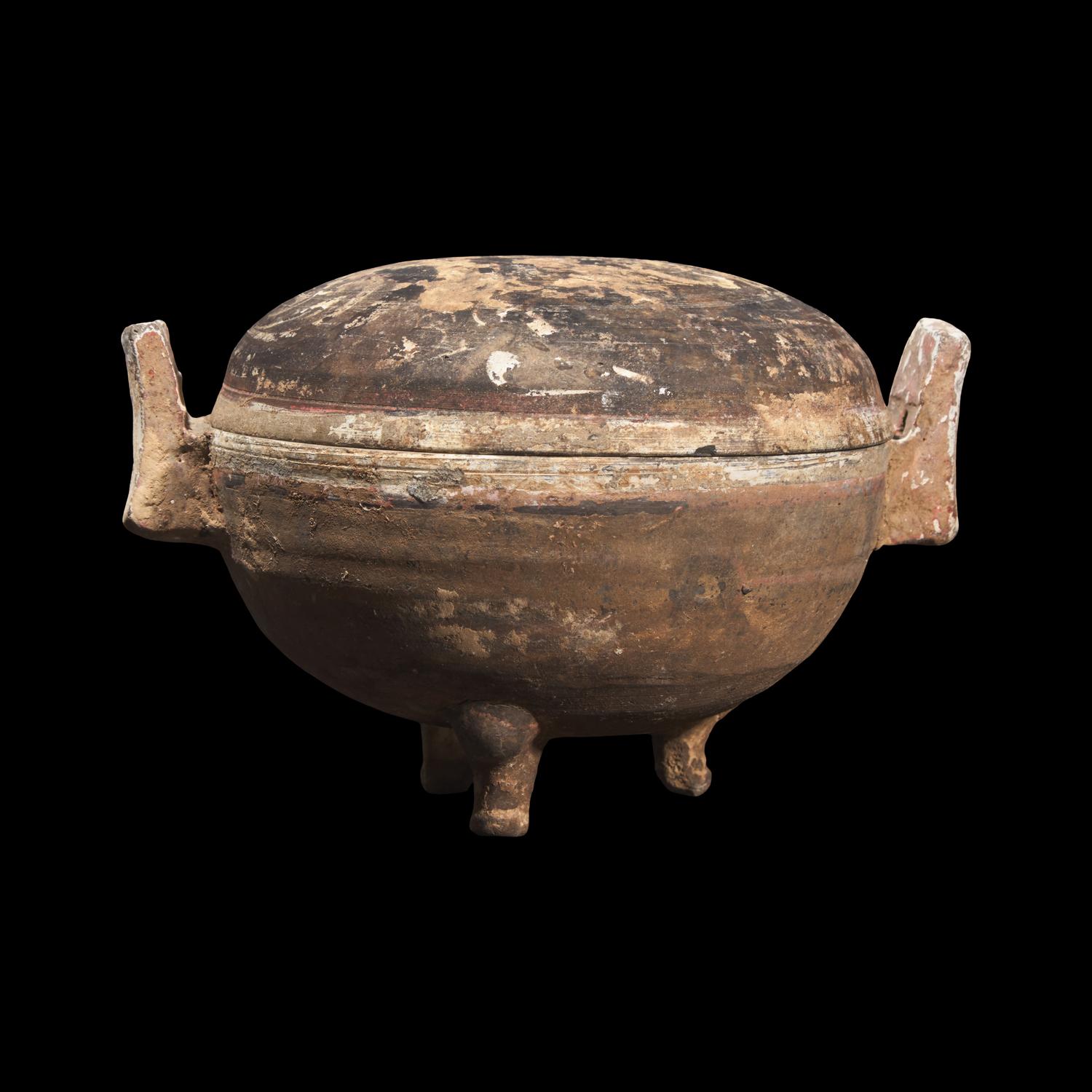 A Chinese Painted Pottery Tripod Covered Censer, Ding, Possibly Han Dynasty 或 為 漢 彩繪灰陶鼎