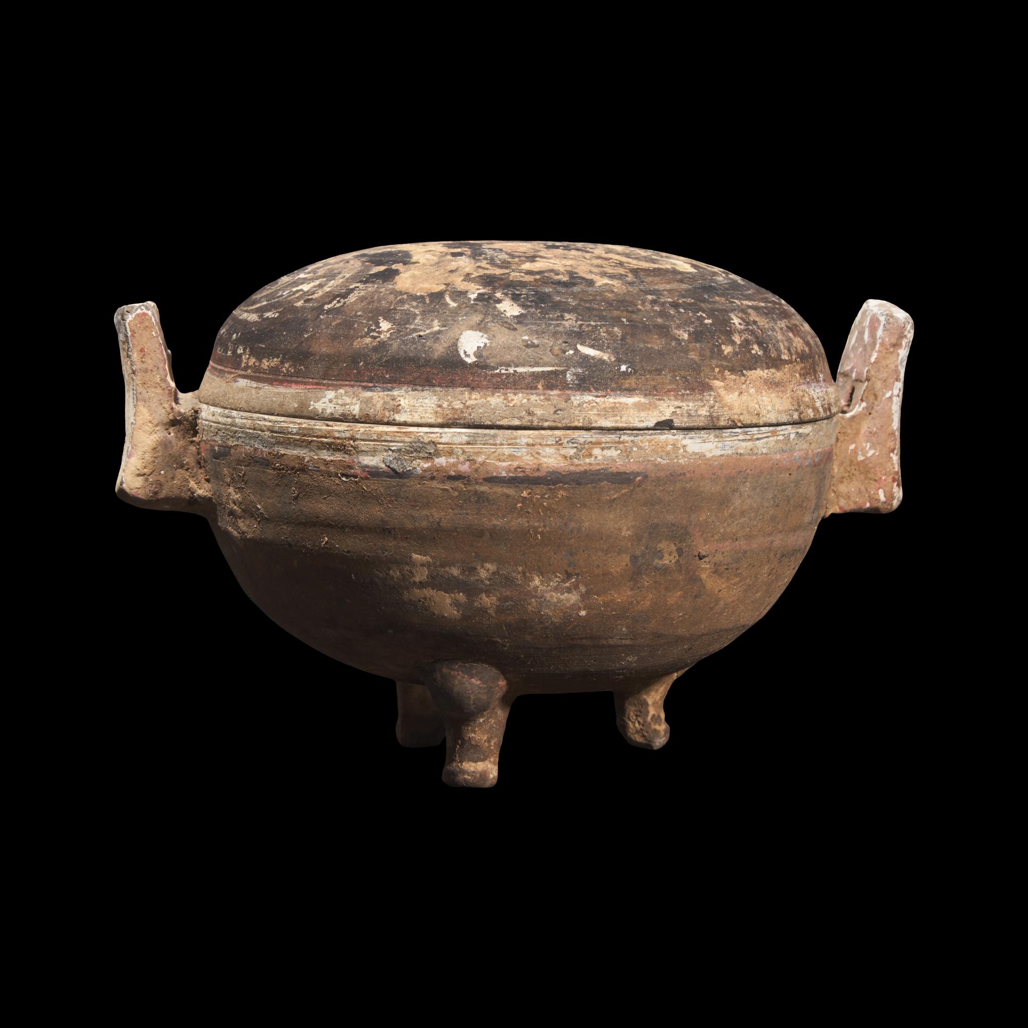 A Chinese Painted Pottery Tripod Covered Censer, Ding, Possibly Han Dynasty 或 為 漢 彩繪灰陶鼎