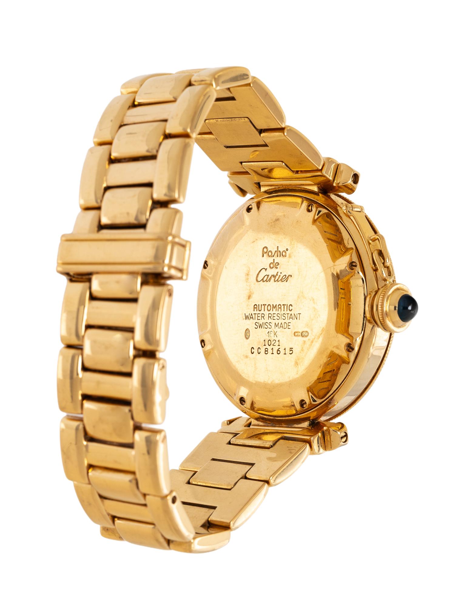 CARTIER, REF. 1021 18K YELLOW GOLD 'PASHA' DATE WATCH WITH FIXED GRID, BOX & MANUALS