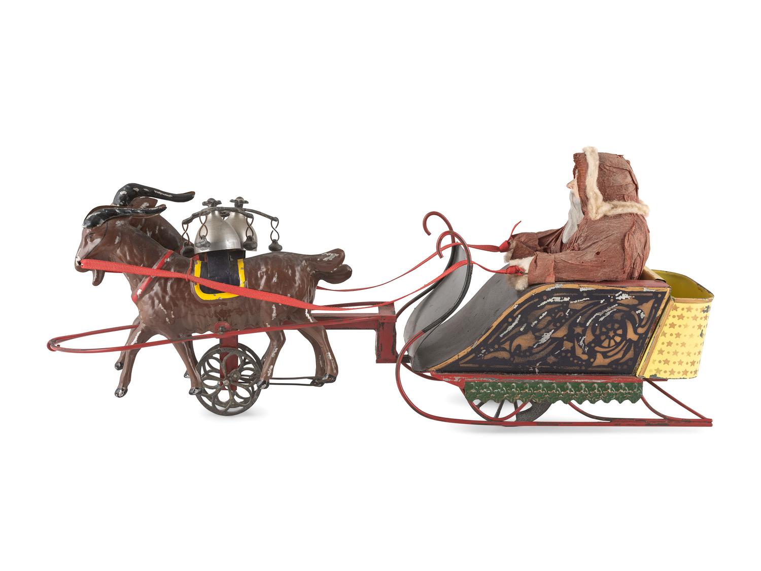 A Bliss Lithograph on Wood Santa on Sleigh and a Santa Claus on a Tin Sleigh