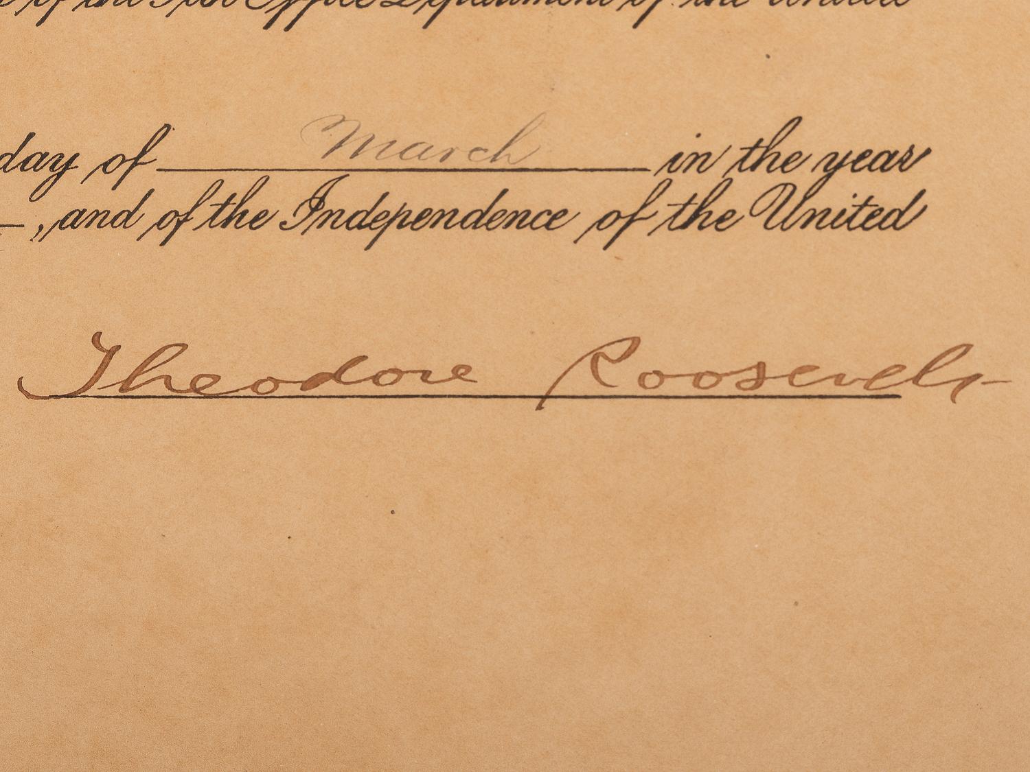 ROOSEVELT, Theodore (1858-1919). Partly-printed commission signed ("Theodore Roosevelt"). Washington, D.C., 18 March 1903.