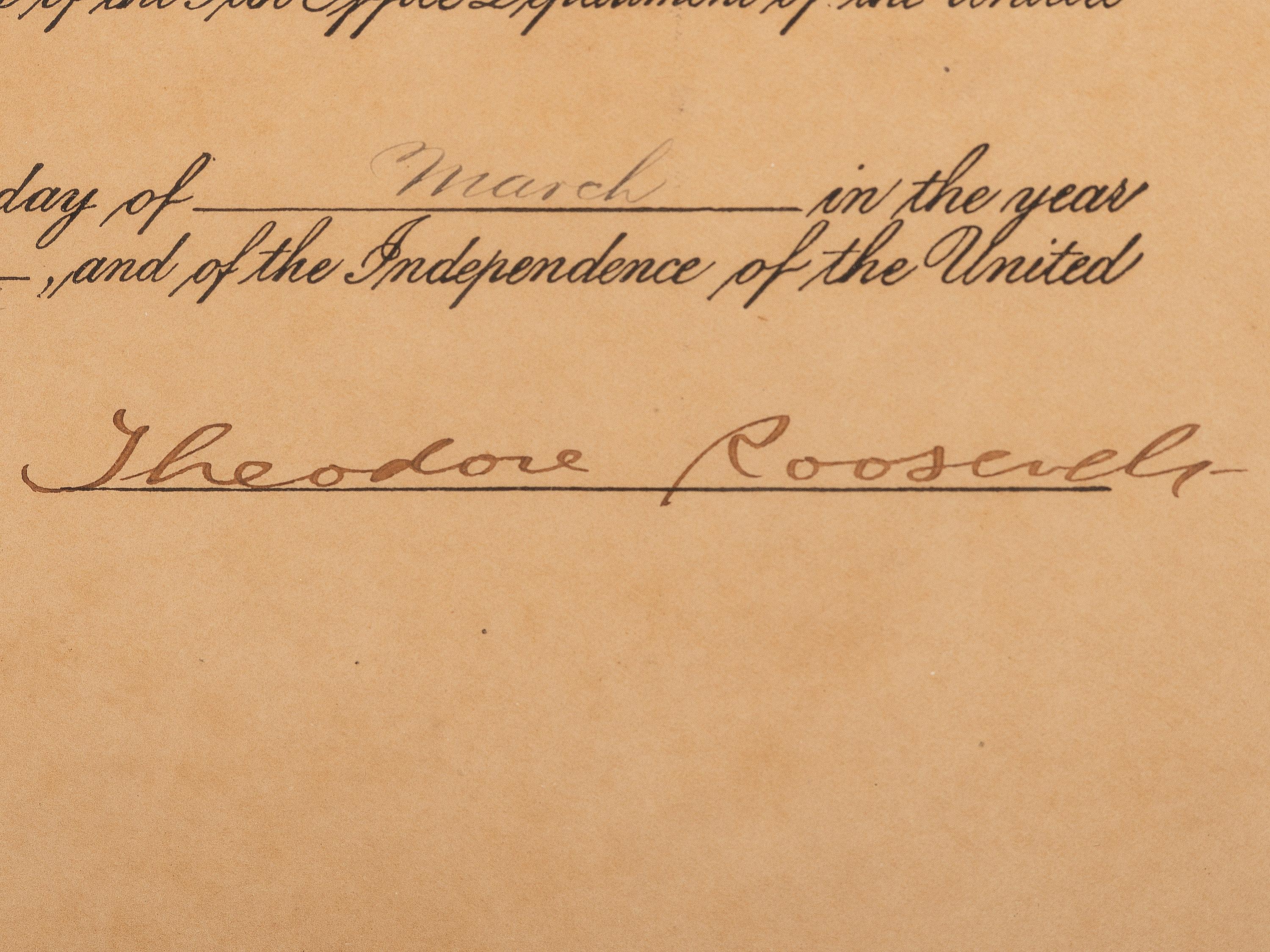 ROOSEVELT, Theodore (1858-1919). Partly-printed commission signed ("Theodore Roosevelt"). Washington, D.C., 18 March 1903.