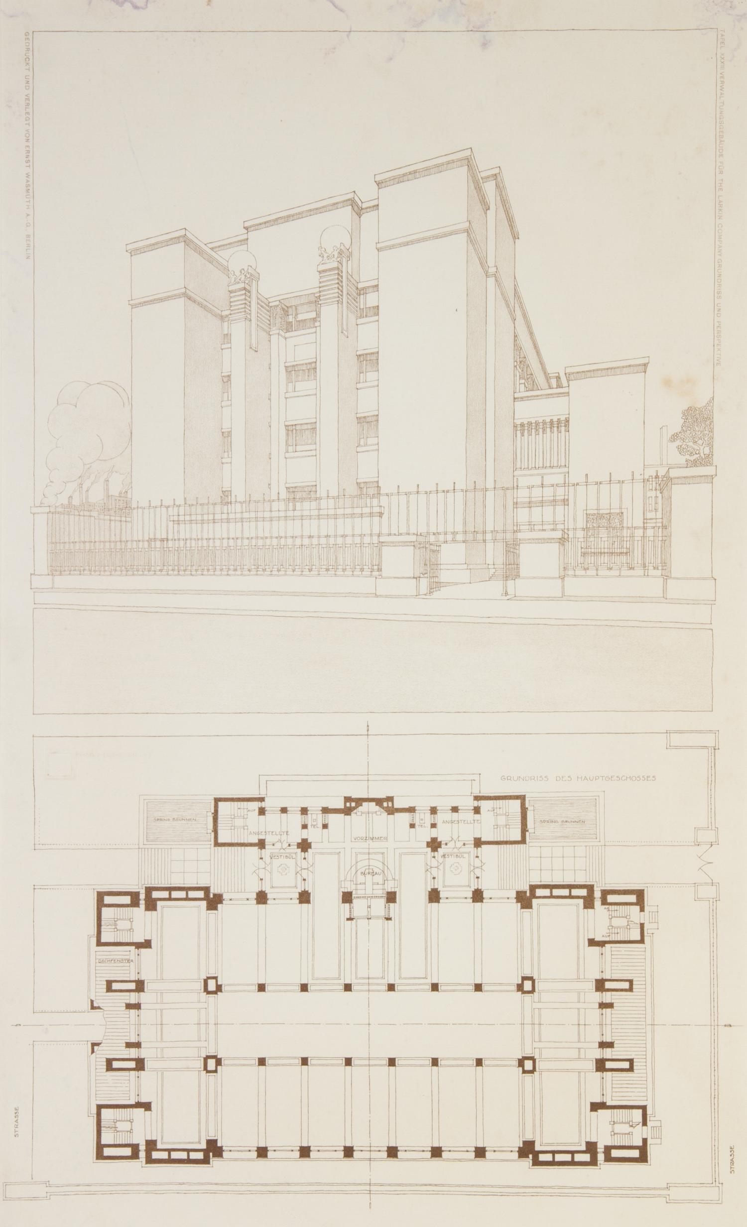 WRIGHT, FRANK LLOYD. Tafel XXXIII... 3 blueprint lithos from the Wasmuth portfolio. Framed.