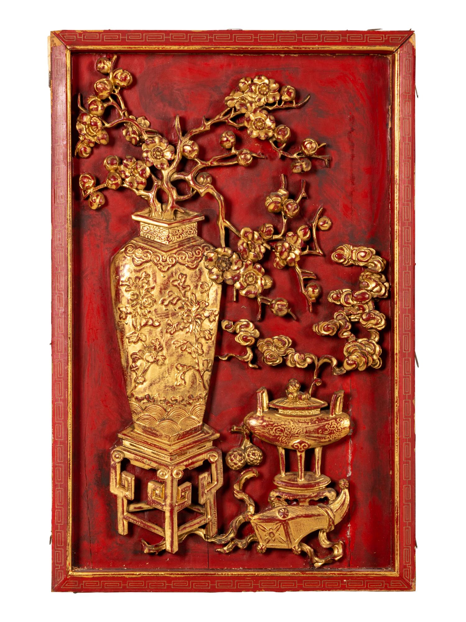 A Set of Four Chinese Gilt and Red Lacquered Wood 'Four Seasons' Panels