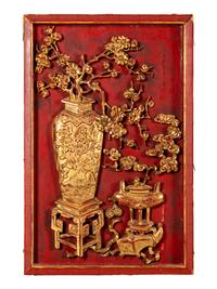 A Set of Four Chinese Gilt and Red Lacquered Wood 'Four Seasons' Panels