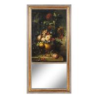 A Continental Painted Canvas Panel-Inset Trumeau Mirror