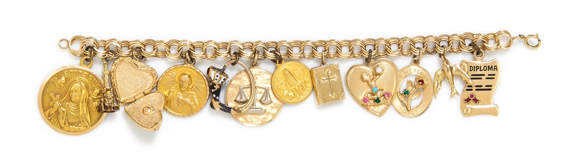 A Yellow Gold Charm Bracelet with 12 Attached Charms, 31.70 dwts.