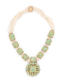 CULTURED PEARL, TURQUOISE AND ENAMEL NECKLACE