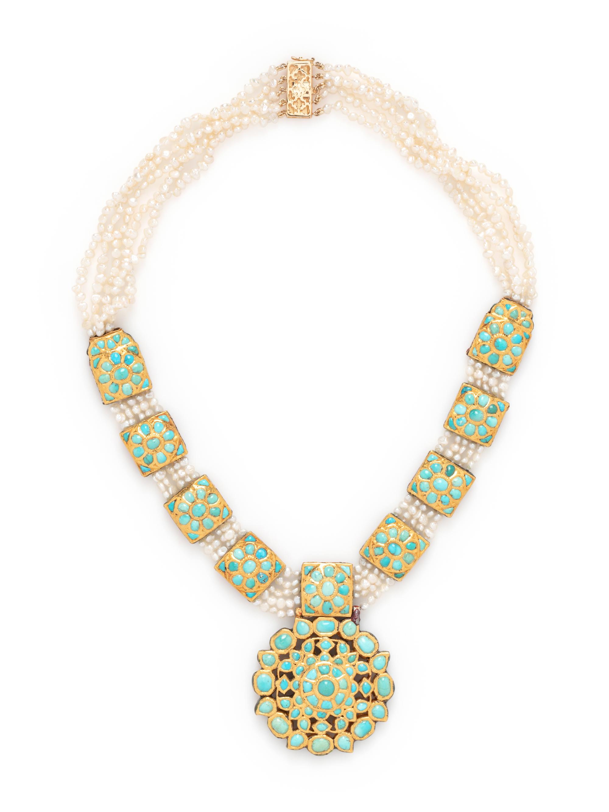 CULTURED PEARL, TURQUOISE AND ENAMEL NECKLACE