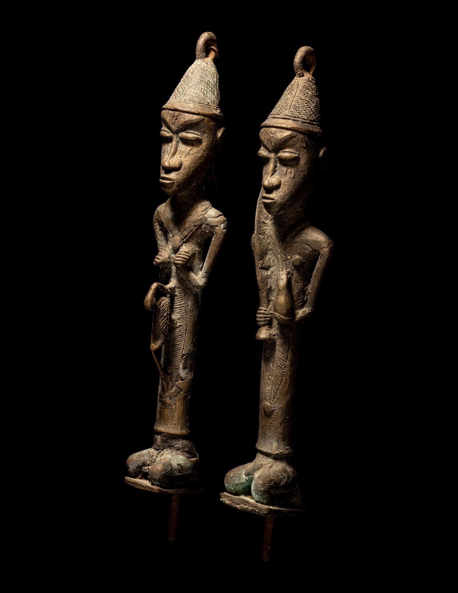 Two Ogboni Brass Male and Female Figures