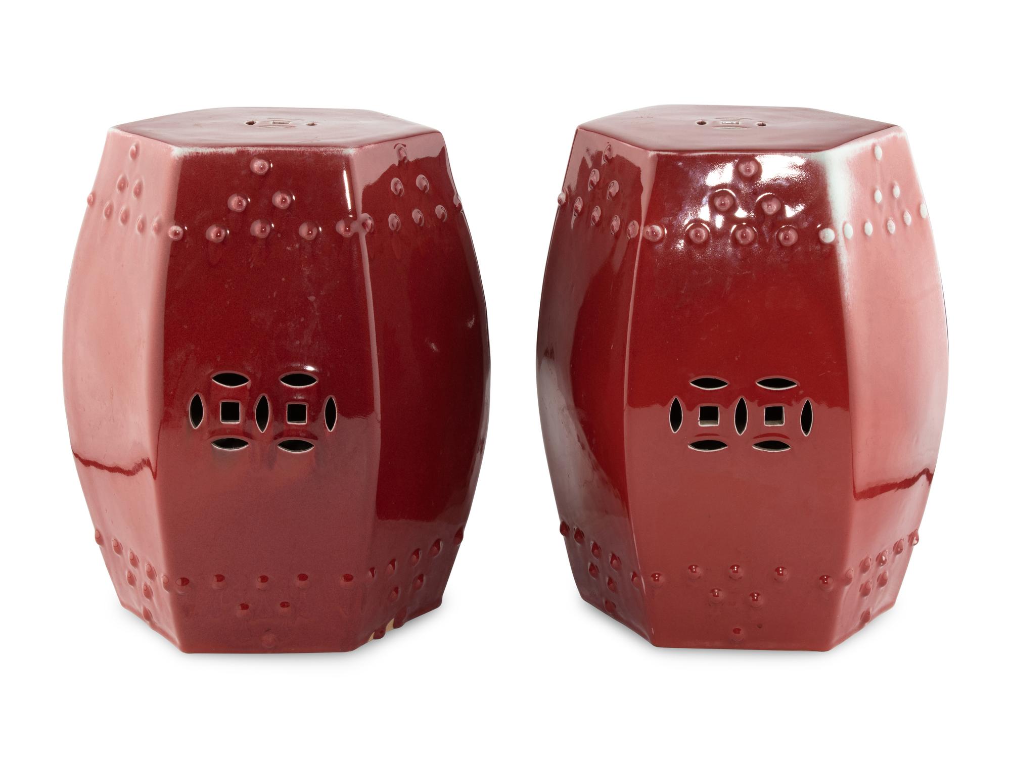 A Pair of Chinese Red Glazed Porcelain Garden Stools