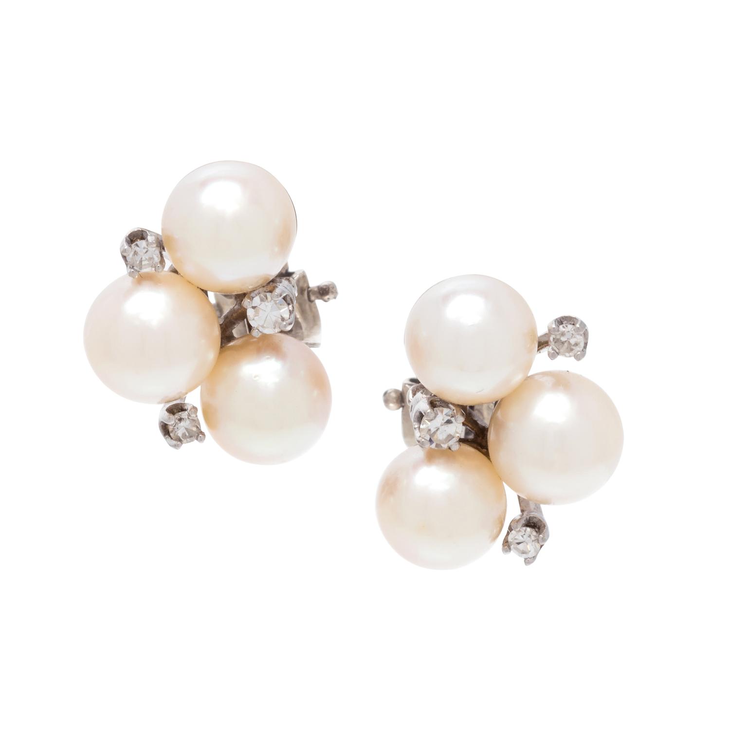CULTURED PEARL AND DIAMOND EARCLIPS